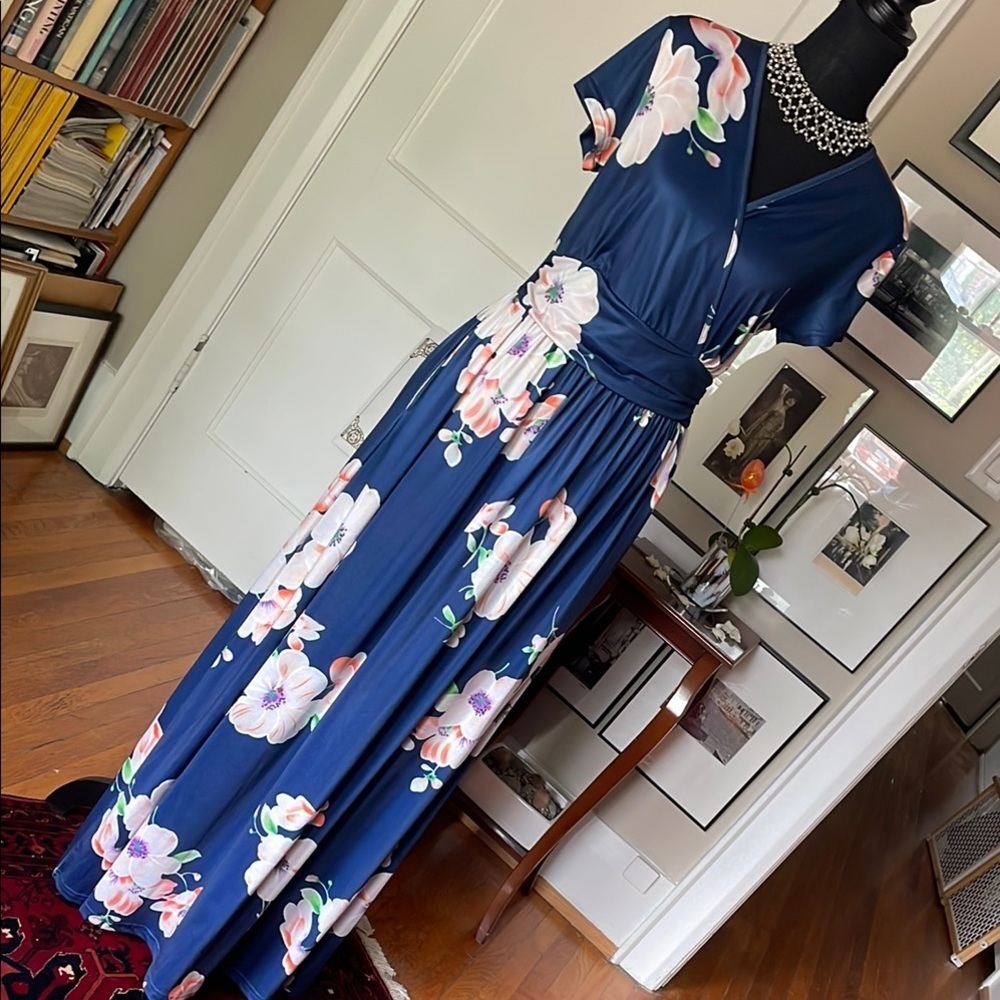 Blue and Pink V-Neck Flutter Sleeve Maxi Dress - Picture 2 of 14